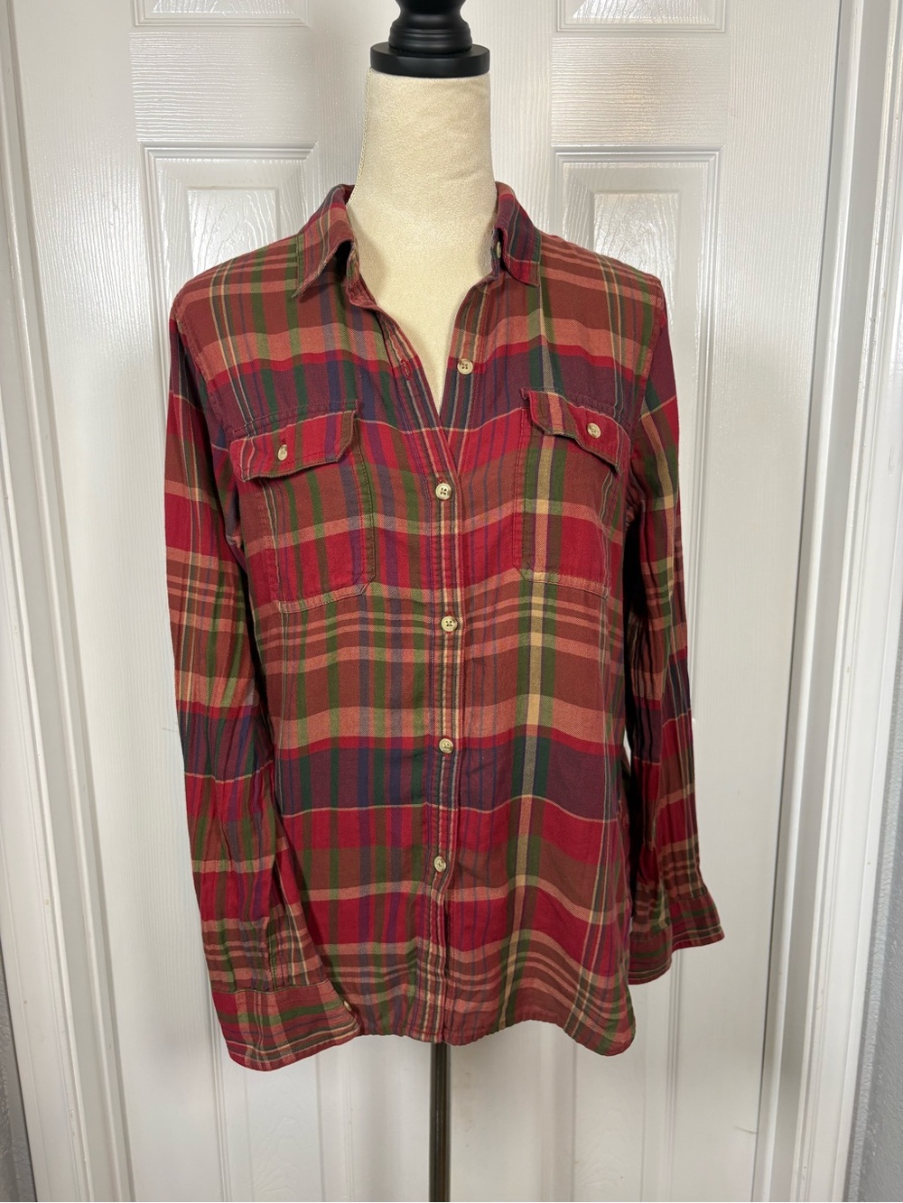 Chaps Red and Green Plaid Flannel Shirt CottageCore Gorpcore Cozy